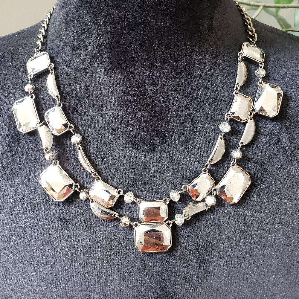 Womens Silver Tone Crystal Stones 2 Strand Graduated Necklace with Lobster Clasp